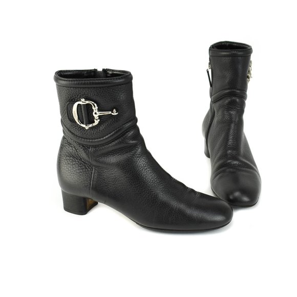 GUCCI: Black, Leather & Silver "Horsebit" Logo Short Boots - Picture 1 of 8